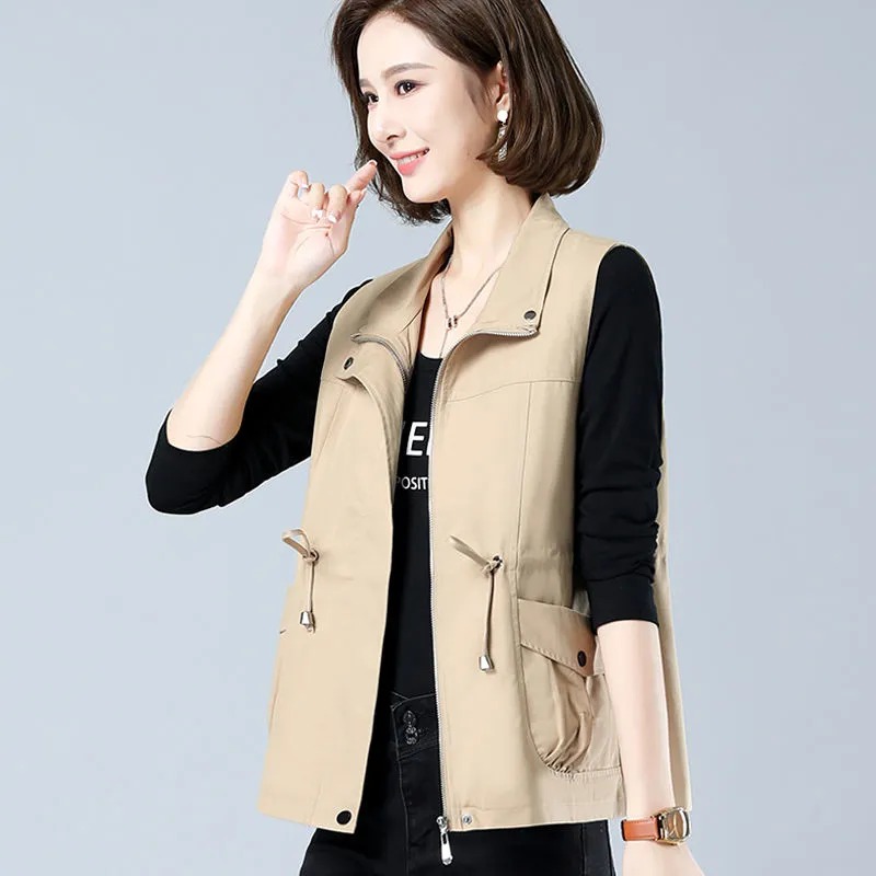 Women'S Fashion Utility Vest - Lichtgewicht damesvest met opstaande kraag, trekkoord
