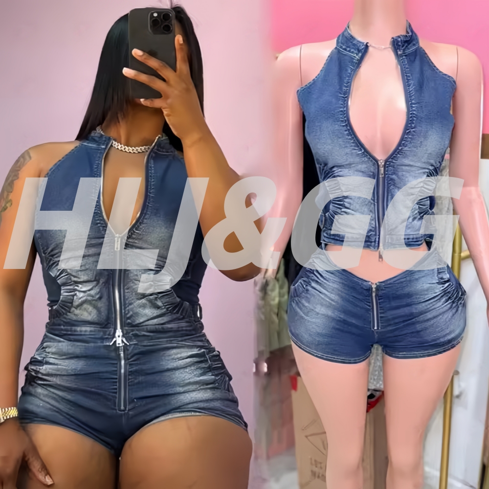Women Fashion Jeans Top - HLJ&GG Blauw Mode Denim Halter Tweedelige