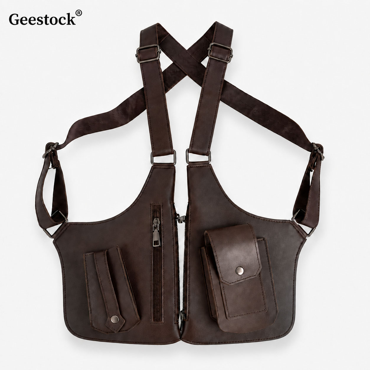 Women'S Fashion Utility Vest - Leren Vesttas Heren Dames Utility Borsttas