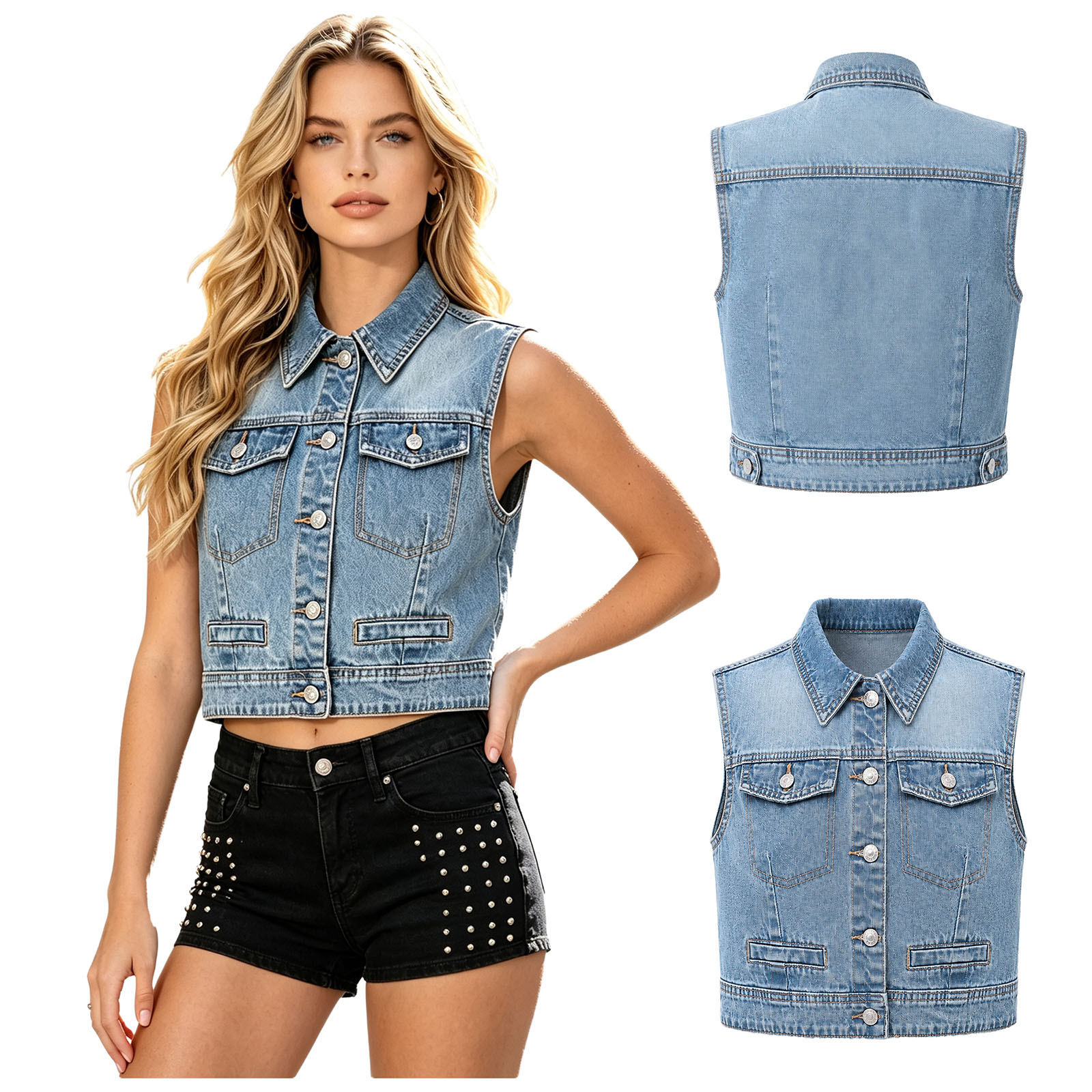 Women Fashion Jeans Top - Damesmode Denim Vest met knoopsluiting aan