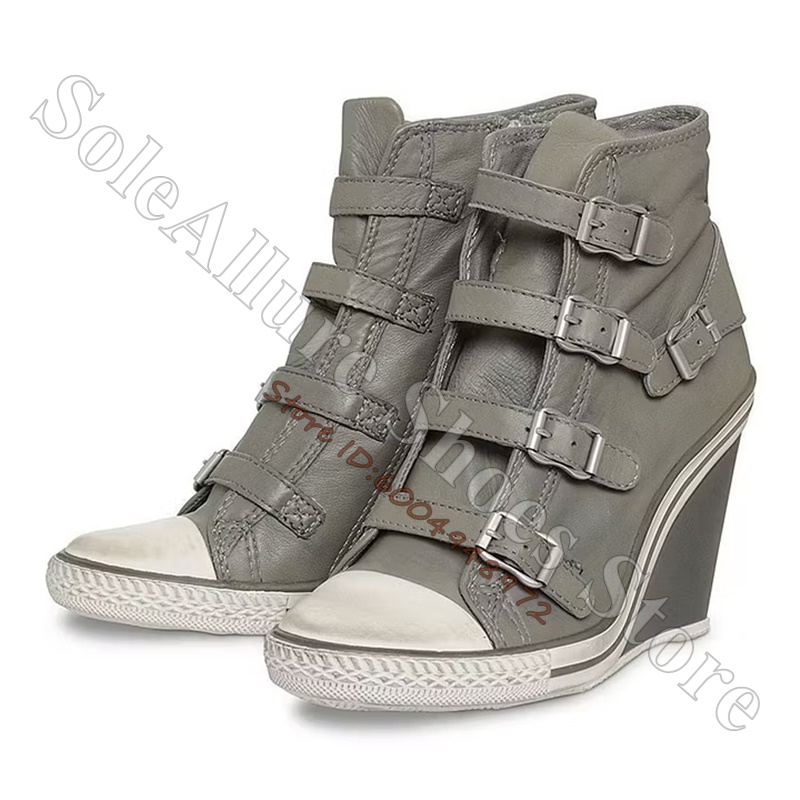 Grijze multi-gesp hoge wedgesn - Women'S Fashion Hats recensie en prijs